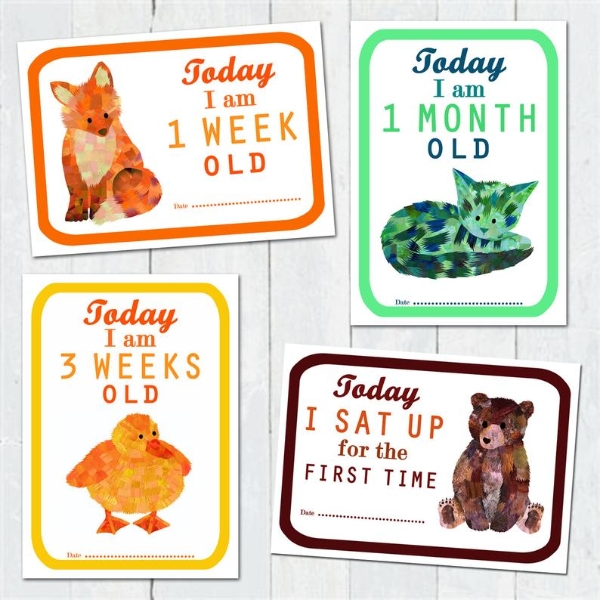 Colección de tarjetas y caja de recuerdos «Baby Milestone» 40 tarjetas unisex para inmortalizar la etapa de embarazo y los primeros años del bebé en color pastel; diseñadas por Cozy Hedgehog 